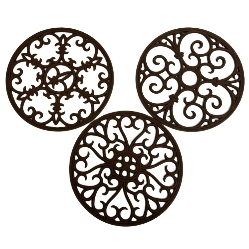 * Trivets Set of Three Silicone Mats Scroll Design Hot Pads Dark Brown